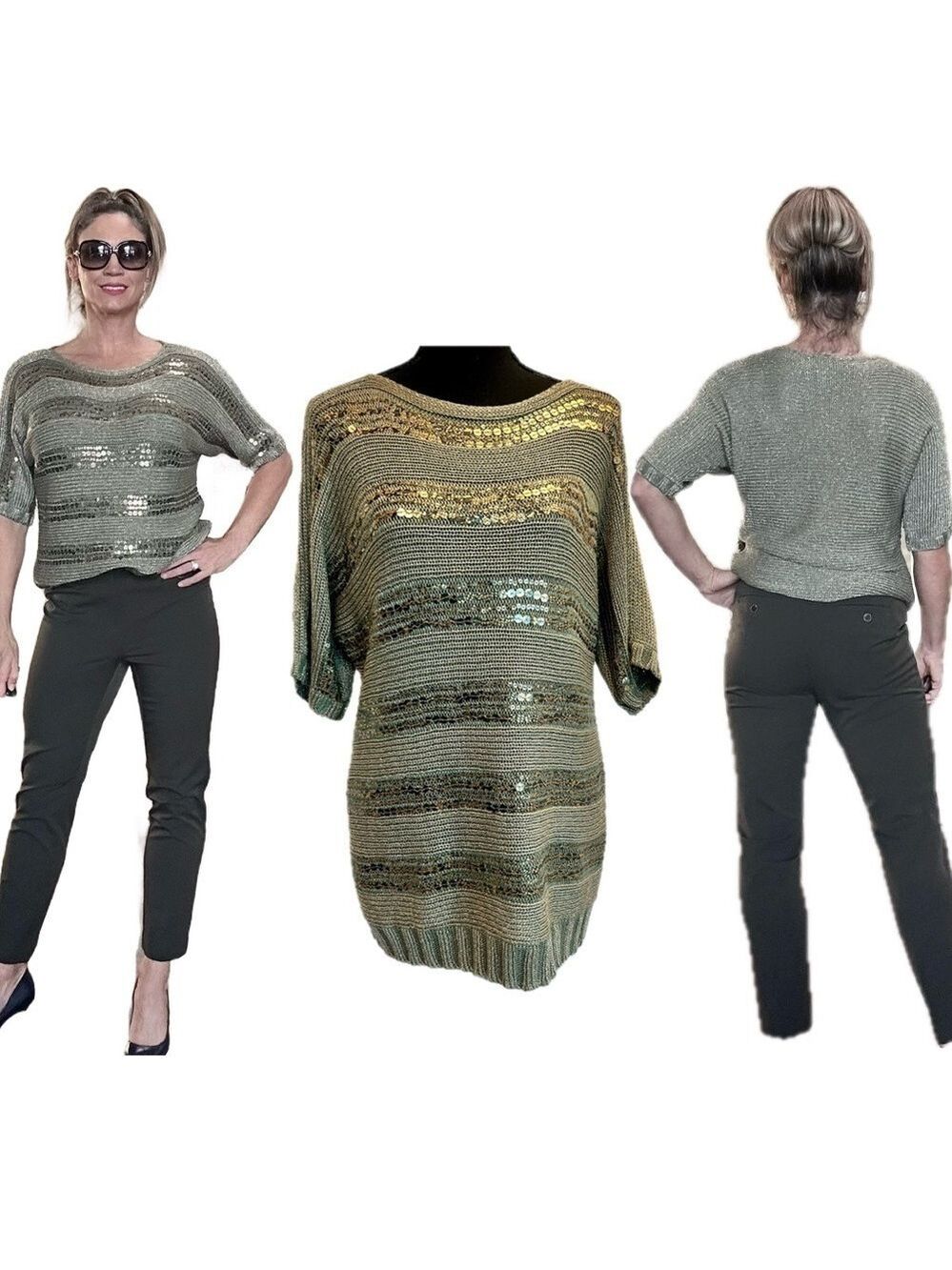 Chico’s olive green gold metallic sequin striped short sleeve knit sweater L